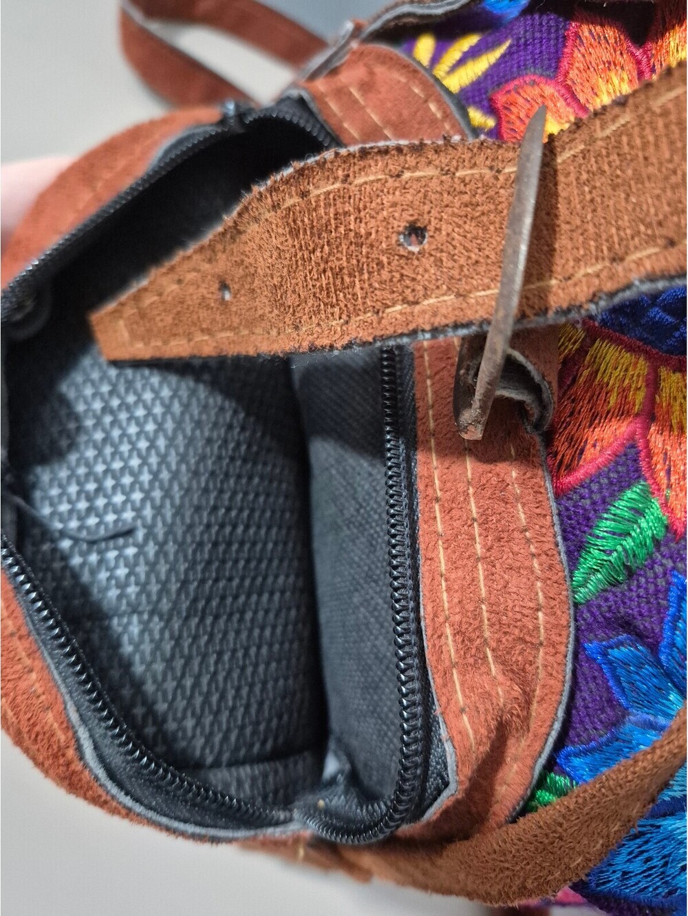 Vintage Boho Embroidered Floral Suede Leather Mini Backpack Handmade Artisan - Picture 4 of 8